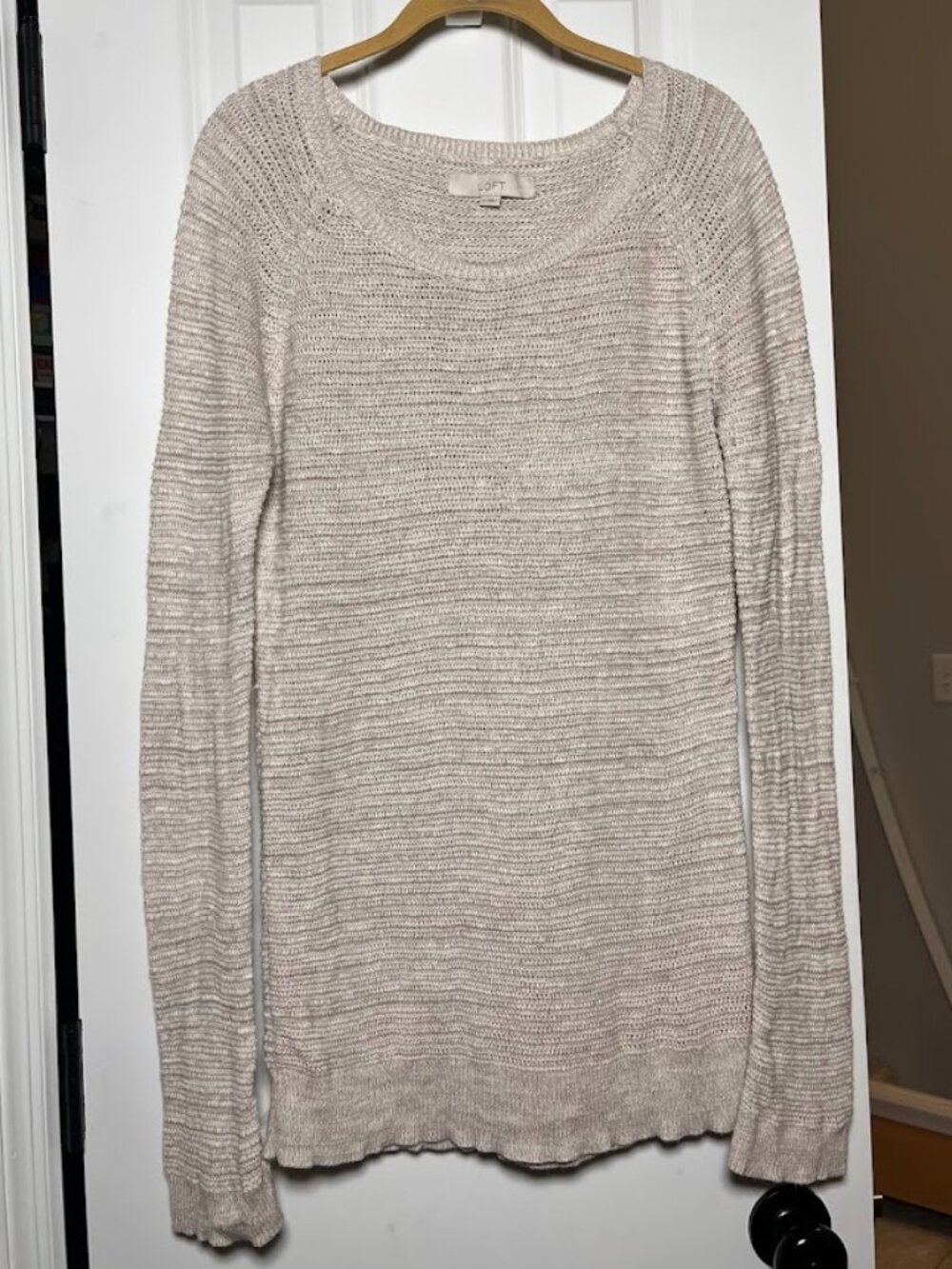 LOFT Beige Oatmeal Open Stitch Scoop Neck Knit Sweater Medium